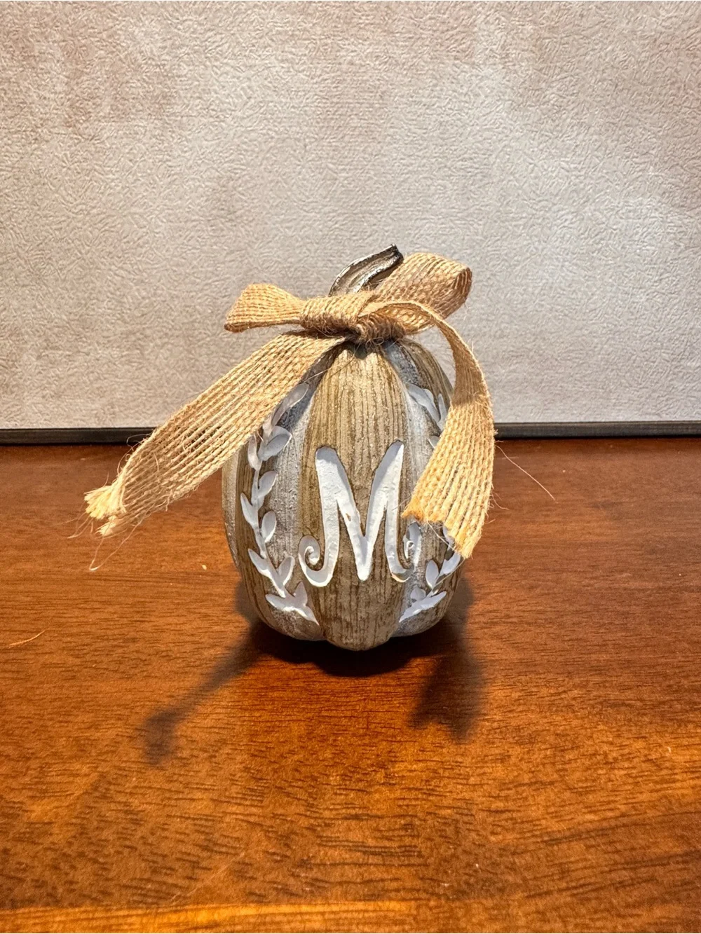 Rustic Cream Decorative Pumpkin with Burlap Bow - Initial M